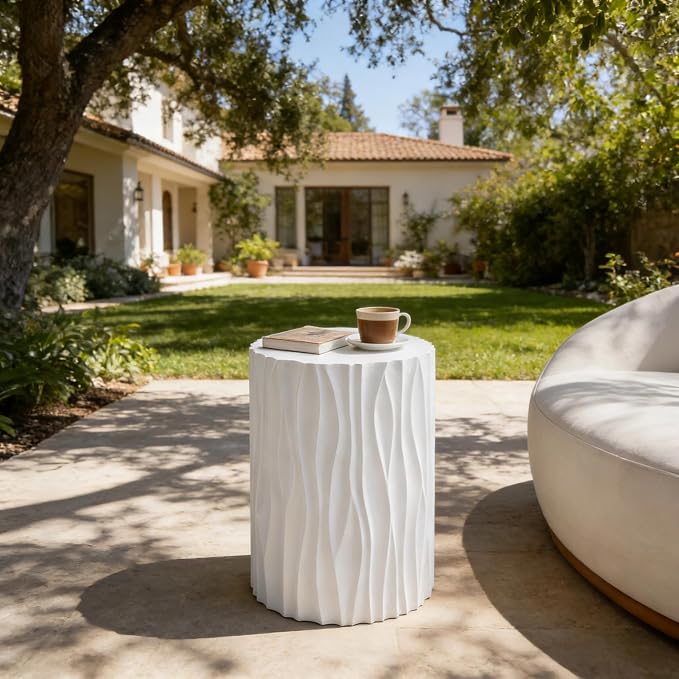 Modern White Outdoor MGO Side Coffee Table with Wavy Fluted Design 15.75" Round, 21.97" H, Assembly-Free for Patio, Garden, or Balcony White
