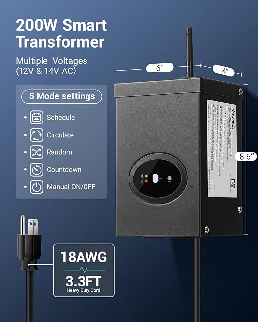 DEWENWILS 200W Smart Low Voltage Landscape Transformer, Waterproof, Schedule and Timer, Compatible with Alexa and Google Home, 120V AC to 12V AC for LED Landscape Lights, Outdoor Lighting, ETL Listed