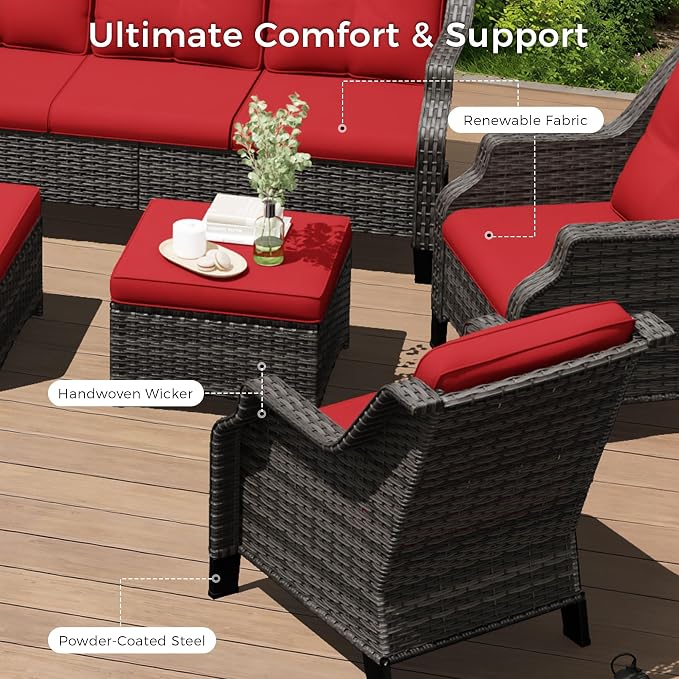 Outdoor Patio Furniture Set, 6 Piece Wicker Patio Furniture with Thick Cushions, Curved Armrest, Deep Seating, Rattan Outdoor Chairs for Porch, Deck, Balcony