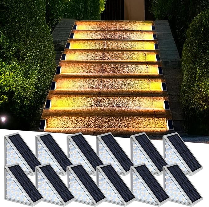 AUDLES LED Solar Step Lights Waterproof Outdoor Stair Lights, Warm White Solar Deck Lights IP67 Solar Decoration Lights for Yard, Patio, Garden, Walkways, Front Door, Pathway, Driveway, Porch 12 Pack