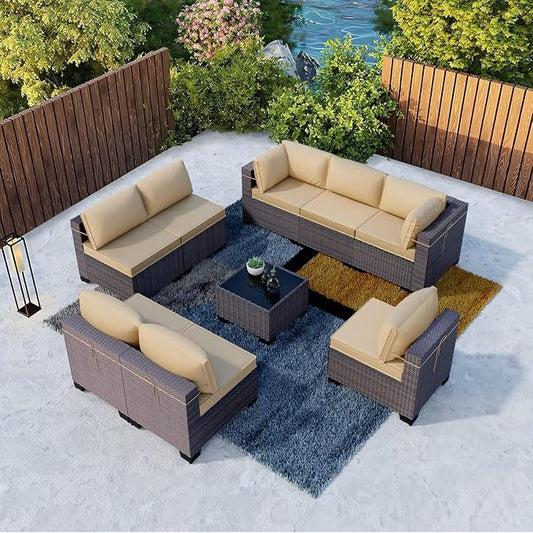 9 Pieces Outdoor Patio Furniture Set Brown Rattan Sectional Sofa with Manual Wicker, Cushions and Covers, Tempered Glass Tea Table Patio Conversation Set for Backyard Garden Lounge(Beige)