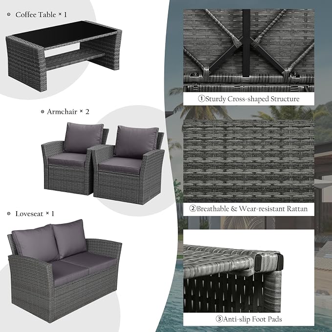 RELAX4LIFE 4 PCS Wicker Patio Furniture Set with Soft Cushions & Tempered Glass Table Outdoor Rattan Sofa Set for Backyard Garden Balcony Poolside Sectional Conversation Couch Set (Gray)