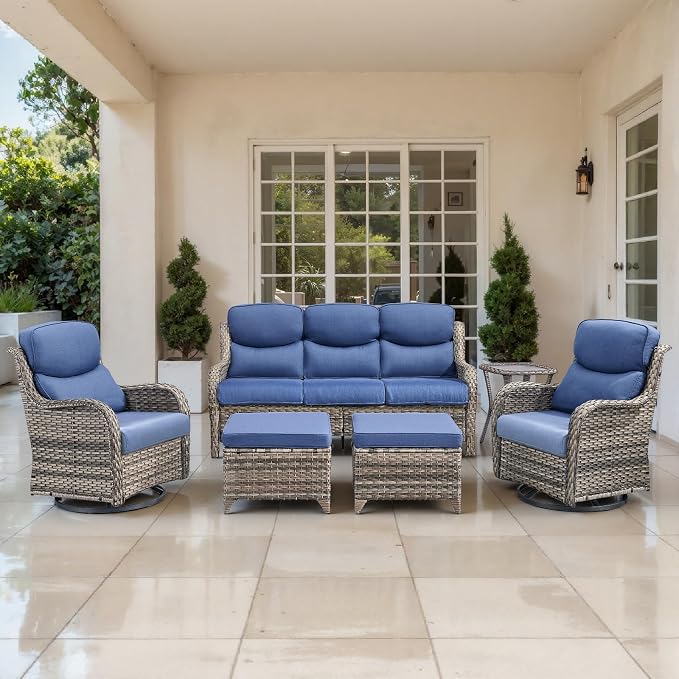 Outdoor Swivel Rocker Patio Chairs Set of 6 with Fire Table - 5" Thick Cushion 6 Piece Furniture Set with Fire Pit Table All Weather Wicker Conversation Set for Porch Deck Gery Wicker | Blue Cushions