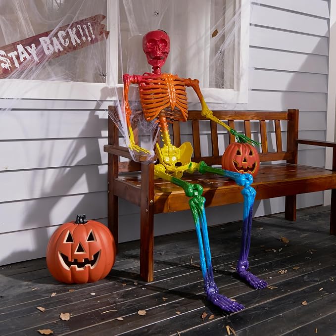 JOYIN 5.6 FT Halloween Posable Life Size Skeleton, Full Body Realistic Bones with Movable Joints, Rainbow Color Giant Skeletons for Halloween Decoration Outdoor, Haunted House Prop, Spooky Scene Party