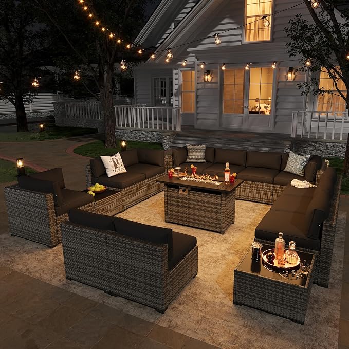 Aoxun Patio Furniture Sets, 15-Piece Outdoor Patio Furniture with 44'' Propane Gas Firepit Table, Wicker Outdoor Conversation Set Sectional Sofa for Backyard, Poolside