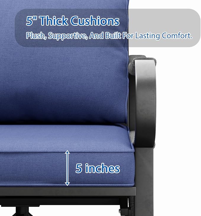 5 Piece Patio Furniture Set, Outdoor All Weather Conversation Sofa Set with 2 Swivel Chairs, Rope Braided Design and Thick Cushions for Garden, Porch, Lawn, Blue
