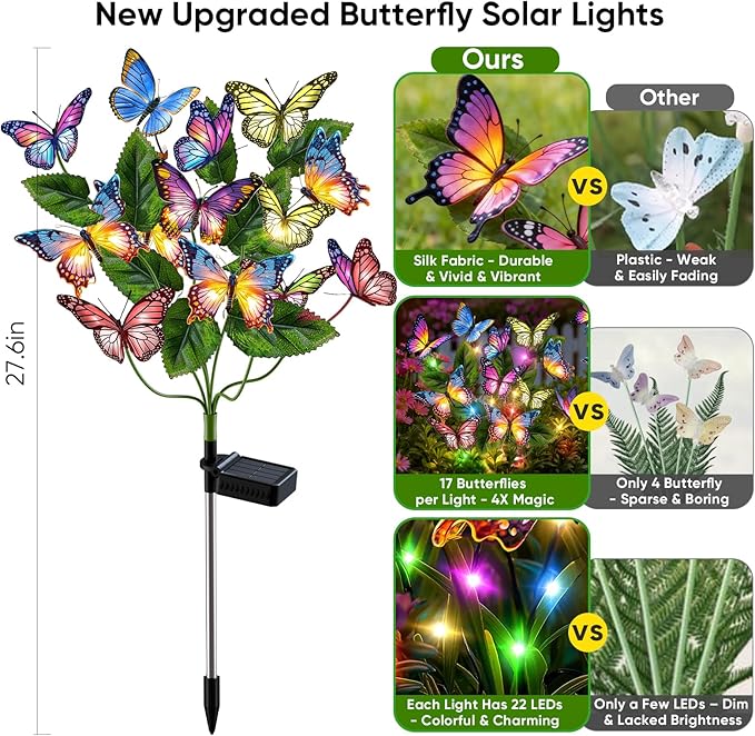 Solar Lights Outdoor Garden Decor: 4 Pack 68 Silk Butterflies with 88 Color-Changing LEDs - Auto On/Off 12H Magical Lighting IP65 Waterproof for Yard Patio Pathway - Unique Gifts for Mom Grandma