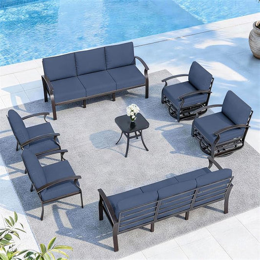 ALAULM Aluminum Patio Furniture Set with 2 Swivel Chairs 10-seat Metal Outdoor Furniture Patio Sectional Sofas Patio Conversation Set w/5.1" Cushions for Patio, Backyard, Poolside-DarkBlue