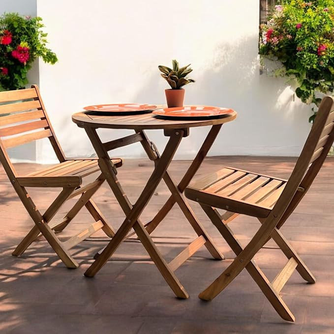 Patio Wise Folding Outdoor Patio Table, Round Foldable Acacia Wood Deck Bistro Bar, Portable Apartment, Balcony, Railing & Porch Furniture, 27 1/2-inch Diameter, Teak Color