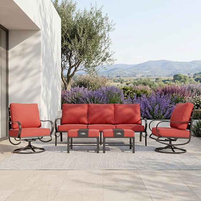 PHI VILLA 5 Piece Metal Patio Furniture Set with 5.75" Cushion, Modern Outdoor Furniture Set with 3 Seater Patio Sofa, 2 Swivel Chairs & 2 Ottoman, Deep Seat Patio Conversation Sets for Garden, Red