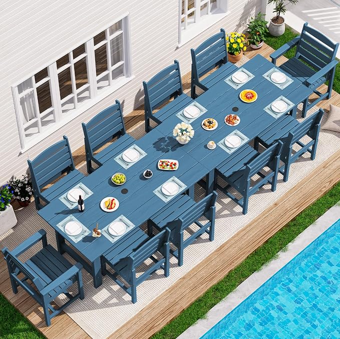SERWALL HDPE Outdoor Dining Set for 10 with 2 Tables & 10 Chairs, Blue | 12-Piece HDPE Outdoor Dining Set for 10, All-Weather Resistant Dining Furniture