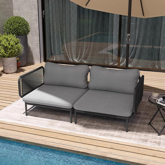 Patio Furniture Set, Outdoor Patio Furniture Oversized Metal Patio Sectional Sofa, 2-Seat Conversation Set with Cushion for Indoor and Outdoor, Black Frame & Dark Grey Mat (2 Seats 4 Armrests)