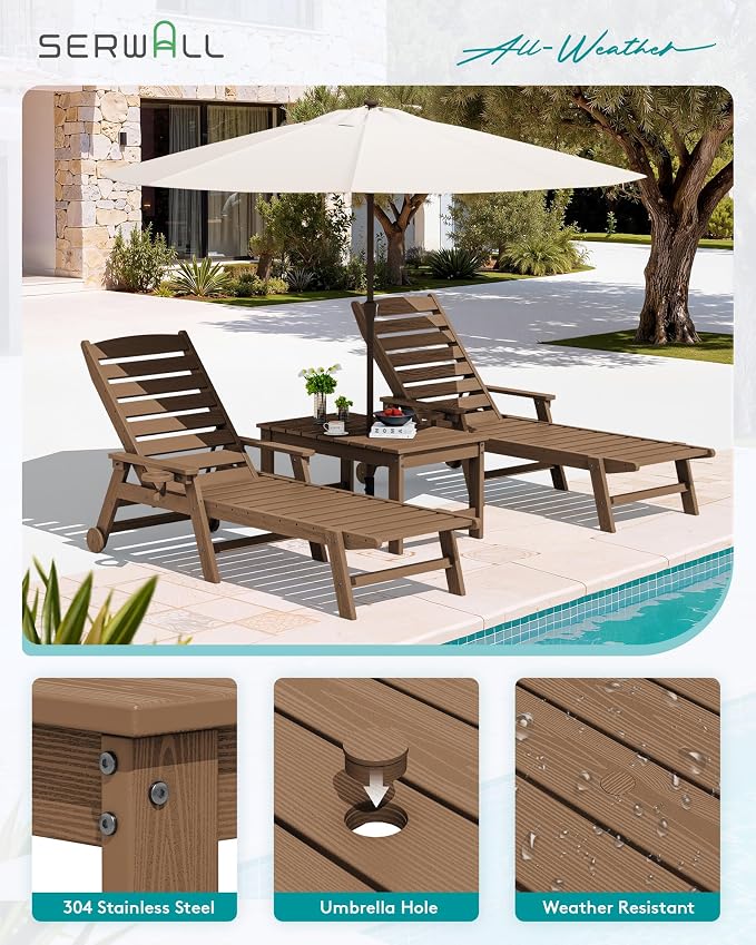 SERWALL Outdoor Coffee Table with 1.69" Umbrella Hole, HDPE Patio Coffee Table for Outside, Rectangle, Brown