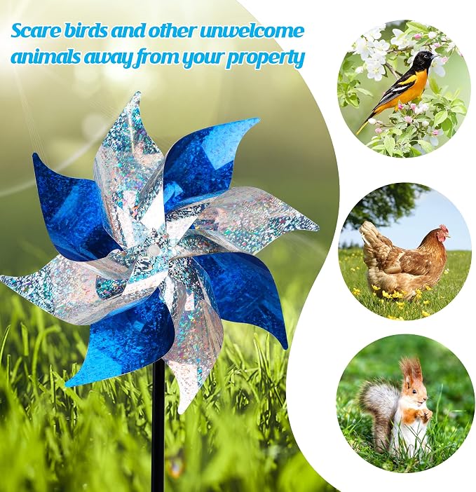 Hausse 10 Pack Reflective Pinwheels with Stakes (Assembly Required), Extra Sparkly Pin Wheel for Garden Decor, Bird Repellent Devices Deterrent to Scare Birds Away from Yard Patio Farm, Blue & Sliver