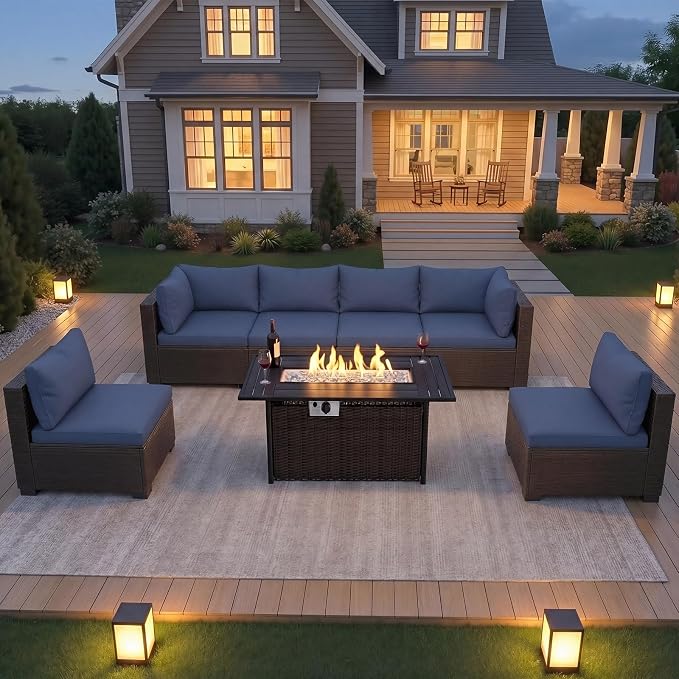 CHABATREE 8-Piece Wicker Patio Conversation Set with 44" Propane Fire Pit Table, Cozy Outdoor Sectional Sofa for Backyard Gatherings, Poolside Lounging & Garden Parties