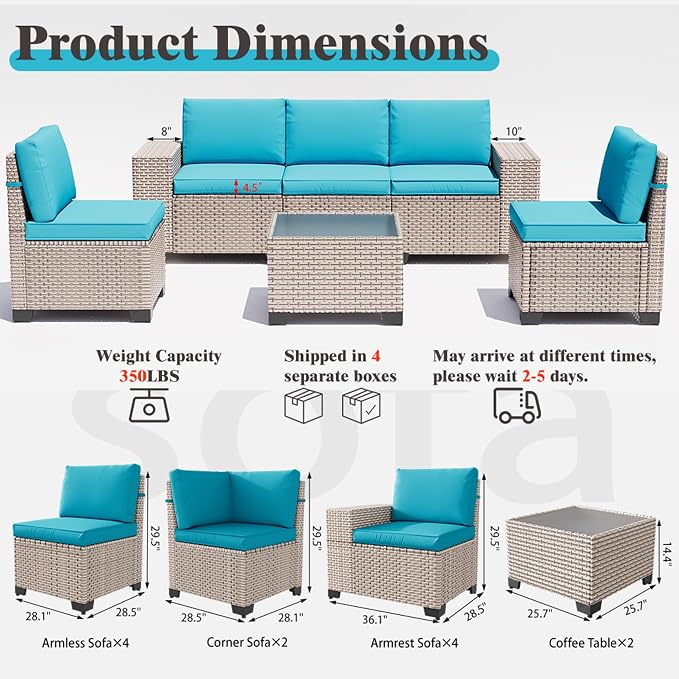 12 Pieces Patio Furniture Set, Outdoor Sectional Wicker Sofa with Thickened Cushions and Coffee Table, High Back Rattan Patio Conversation Sets for Garden Backyard, Cyan