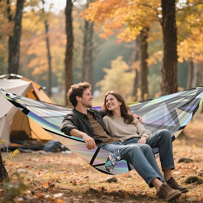 Iridescent Triangles Camping Hammock, Portable Lightweight Single Hammock with Tree Straps and Aluminum Carabiners, 114" x 54" Travel Hammock for Hiking Backpacking Beach