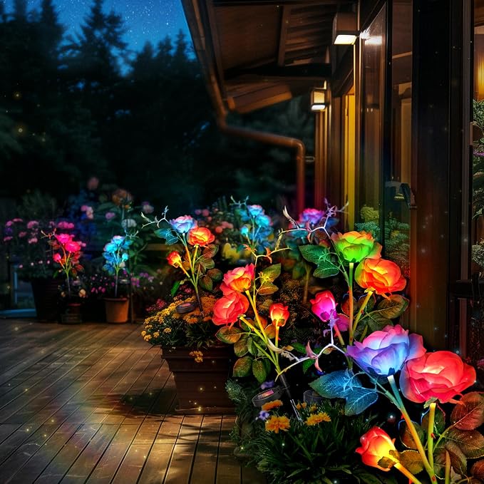 Rose Lights Solar Powered for Women: Garden Light Waterproof for Yard Decorations Outdoor - Flower Lamp Colorful Lighting Cemetery Decor - Mother'S Day Birthday Gifts for Mom Wife 2 Pack Colorful
