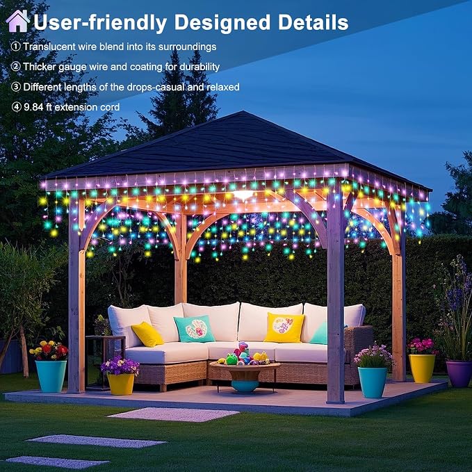 66ft 640 LED Pastel Multicolor Christmas Lights Outdoor Icicle Lights for Outside, Clear Wire Connectable Twinkle Light with 8 Modes Timer Waterproof for House Window Party Holiday Patio Yard Decor