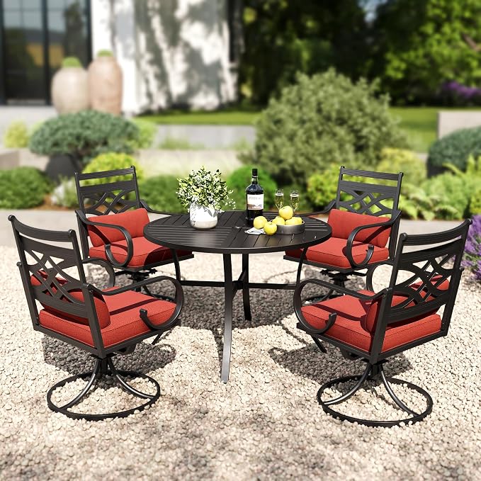 PHI VILLA Patio Dining Set, Swivel Chairs, Round Metal Table | Metal chairs, Red, Umbrella Hole, Cushions, E-coated