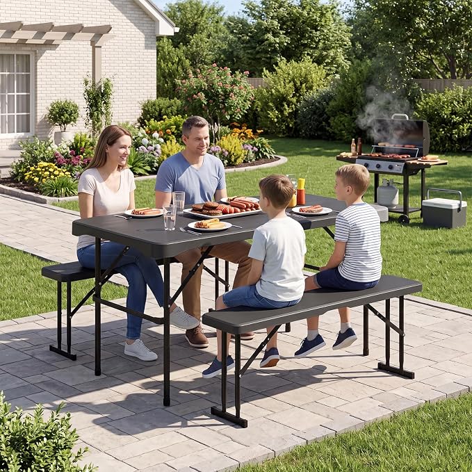 Giantex Folding Picnic Table Bench Set, Rectangular Patio Dining Table Set for 4, with HDPE Tabletop, Metal Frame, Space-Saving and Portable for Camping Party Dining BBQ (Black)