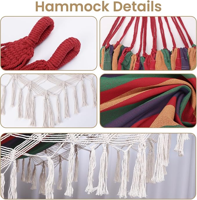 Bellzacasa Brazilian Double Camping Hammock, Portable Hammock Heavy Duty 500 lb Load Capacity Tassels and Fishtail Knitting with Carry Bag & Tree Straps for Patio Balcony Backyard, Red Stripes
