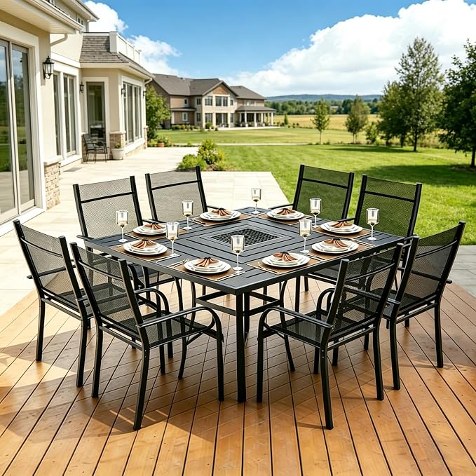 9 Pieces Outdoor Dining Table 60"x60" + 8 Patio Dining Chair Set, Square Patio Dining Table and Chairs with Stable Metal Frame for Garden, Backyard, Umbrella Hole Design, Suitable for 8 People
