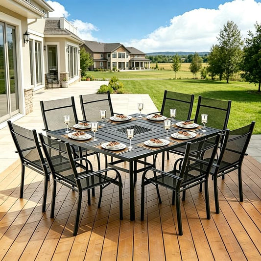 9 Pieces Outdoor Dining Table 60"x60" + 8 Patio Dining Chair Set, Square Patio Dining Table and Chairs with Stable Metal Frame for Garden, Backyard, Umbrella Hole Design, Suitable for 8 People