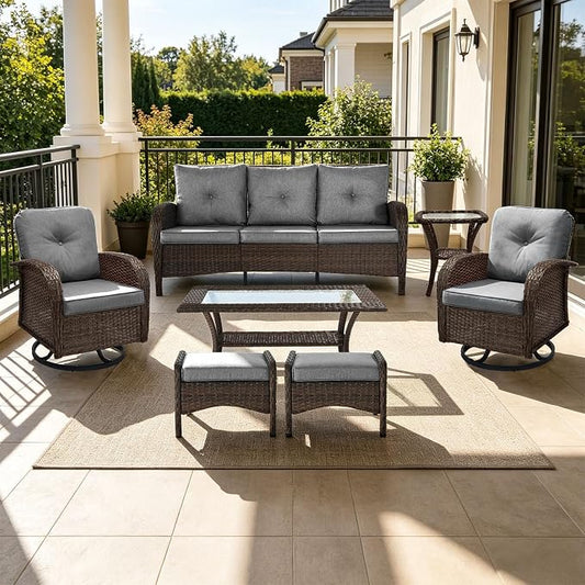 Outdoor Swivel Rocker Patio Chairs (Brown Wicker/Grey Cushion, 7PC/Sofa & Swivel &2 Table & Ottomans)