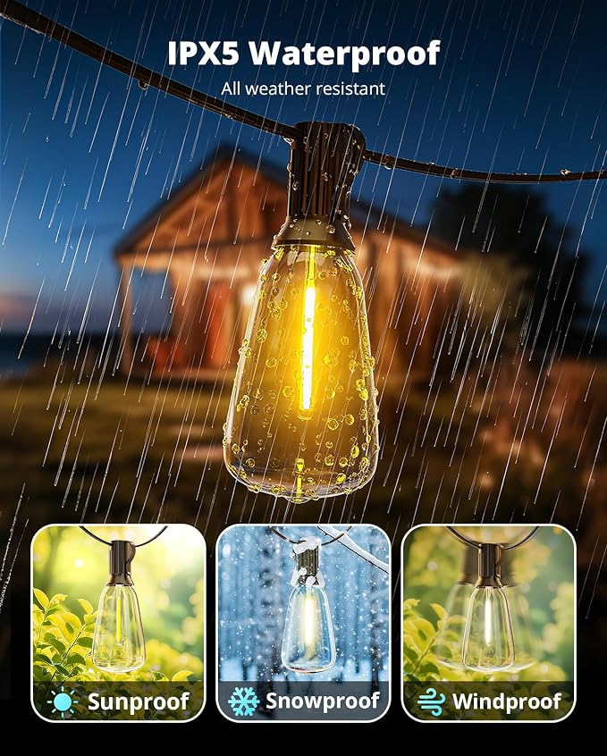 Outdoor String Lights 50FT, Patio Lights Outdoor Waterproof with 27 Bulbs | Shatterproof,Edison Outside Lights,Plug-In,2700K Dimmable, Connectable, Hanging Light for Porch Garden Backyard Deck Balcony