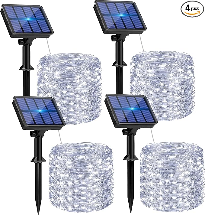 btfarm 4 Pack Solar String Lights Outdoor - 320LED 132FT Solar Fairy Lights Outside Waterproof 8 Modes, Copper Wire Twinkle Solar Powered Light for Garden Yard Tree Christmas Wedding Decor, Cool White