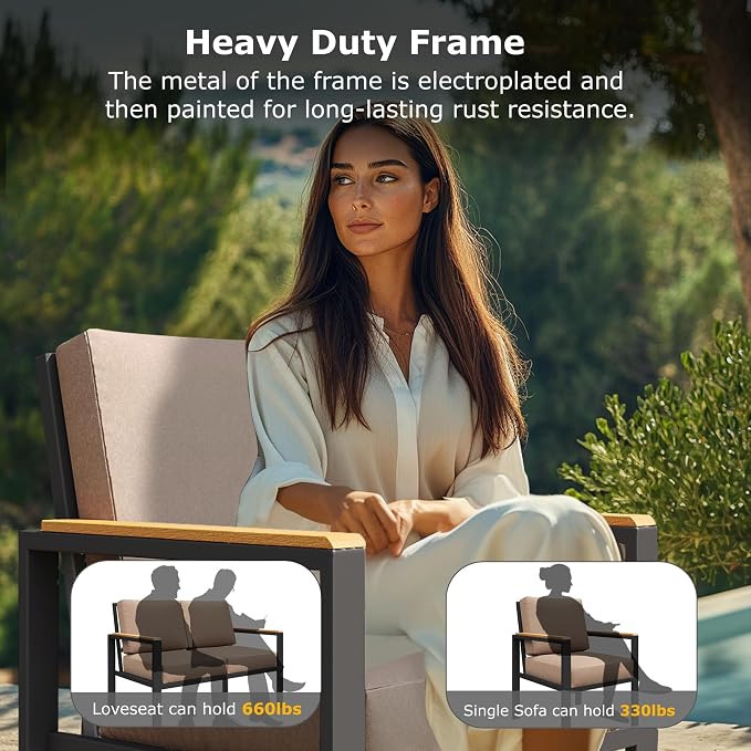 4-Piece Outdoor Patio Furniture Set, Metal Conversation Sofa Set with Deep Cushions & Wood-Like Armrests, Modern Patio Seating with Coffee Table for Garden, Porch, Balcony, Backyard (Brown)
