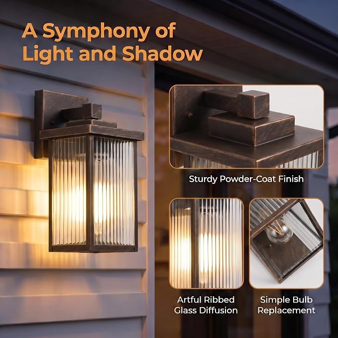13" Black Brush Gold Outdoor Wall Light, All-Metal Frame Porch Light | Textured Glass Softens Glare, Stays Bright. Dual-Tone Rust-Resistant Metal. Pre-Assembled DIY Install. For Porch, Garage