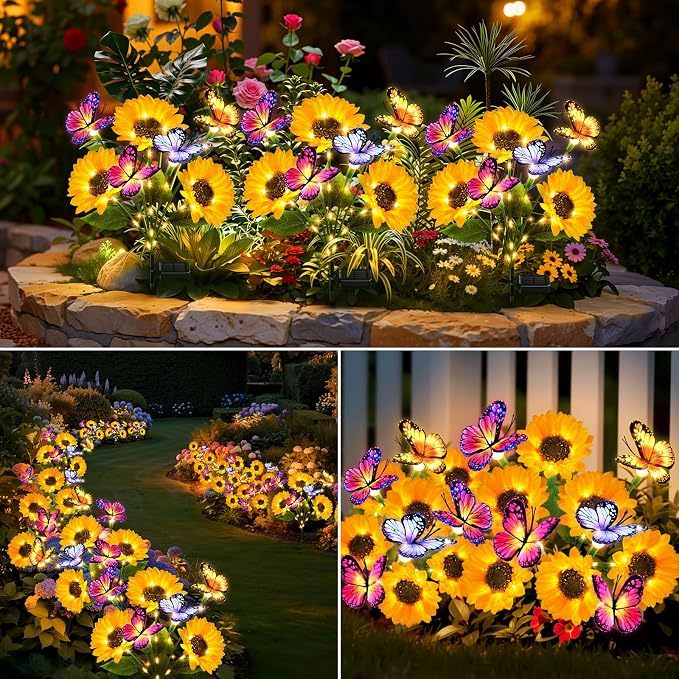Solar Sunflower Lights with Butterflies, Bright Garden Light Outdoor Decor | Waterproof Lifelike Sunflower Blooms, Auto On/Off, Solar Flower Lights for Yards, Patios, Paths, Gifts for Women Mom Grandma