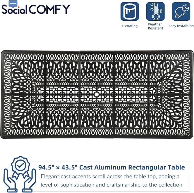 9-Piece Patio Cast Aluminum Dining Set, Outdoor Table and Chairs Set for 8, Includes 94.5" Rectangular Dining Table and 8 Swivel Rocker Chairs with Umbrella Hole for Lawn Garden, Navy Blue