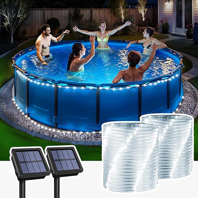 GIGALUMI 2 Pack Solar Rope Lights Outdoor Waterproof, Cool White | Total 72FT 200LED, 8 Modes IP65, Solar String Lights for Outside Tree Fence Railing, Decorative Lighting for Patio Yard Porch