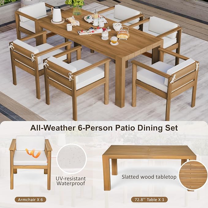 7-Piece Patio Dining Table Set for 6, Outdoor Furniture Sets with 70.8" Rectangle Table, Patio Table and Chairs Set with Removable Cushions for Backyard,Garden,Poolside (Light Teak@24)