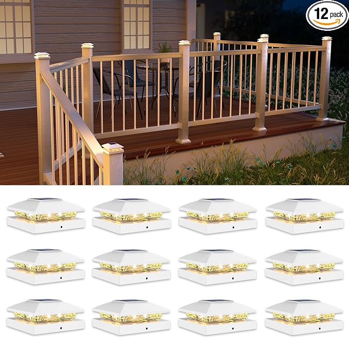 VOLISUN 4x4 Solar Post Cap Light 12pack,Solar Fence - Post Lights Outdoor Waterproof for Wooden/Vinyl Post,White Deck Post Cap Light Solar Powered with Warm White for Garden/Patio/Porch