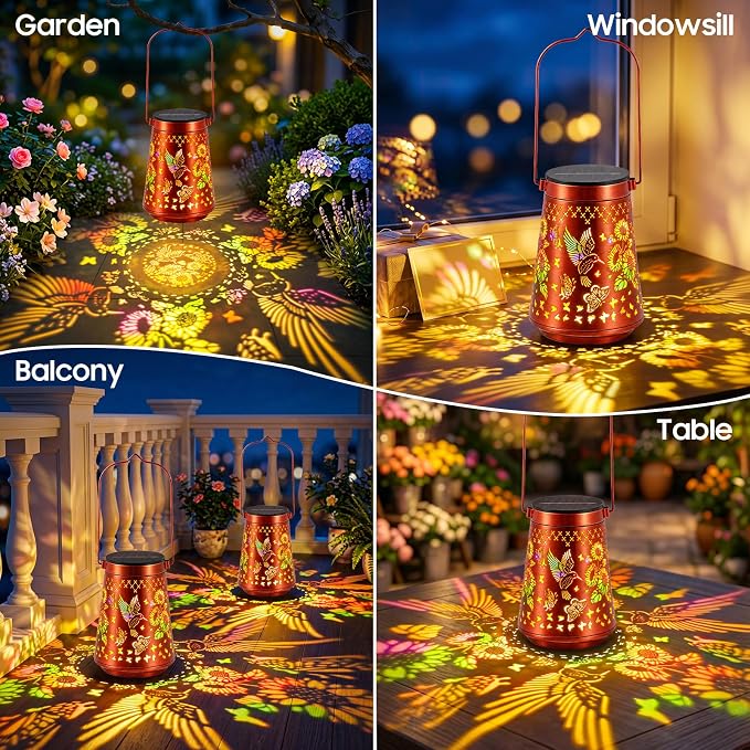 4 Pack Solar Lanterns Outdoor Waterproof Birthday Gifts for Women Mom | Colorful Hollow Metal Sunflowers Butterflies Hummingbirds Lantern, 2 Modes Hanging Solar Lights for Gardens, Patios Decor