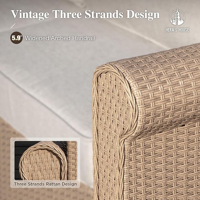HERA'S HOUSE 8 Pieces Patio Furniture Set, All Weather 9 Seats Outdoor Wicker Sofa with Ottomans, Rattan Patio Conversation Set with 5.5" Cushions and 57" Fire Pit Table, Beige
