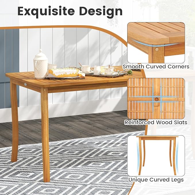 Tangkula 3 Pieces Patio Wood Dining Set, 63 Inch Outdoor Acacia Rectangular Table with 1.97” Umbrella Hole and Benches Set, for Deck, Garden and Backyard