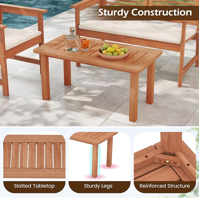 Tangkula Outdoor Coffee Table, 35.5” Patio Table with Slatted Tabletop, Rectangular Wooden Center Table Indoor Outdoor for Balcony, Poolside, Garden, Living Room, Natural