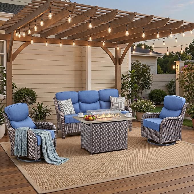 Luxury High Back Patio Furniture Set with 6-Inch Thick Cushions, 4-Pieces Outdoor Furniture with Swivel Chairs Fire Pit, Wicker Conversation Set for Porch, Balcony, Deck and Yard, Brown/Blue