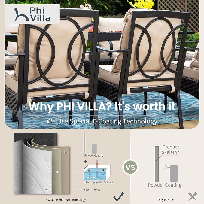 PHI VILLA 7 Pieces Patio Dining Set for 6, 52" Round Dining Table with Umbrella Hole & 6 Heavy Metal Wicker Chairs with Thick Cushions, Outdoor Table and Chairs for Deck and Garden
