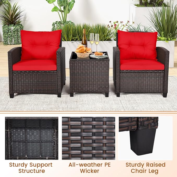 3-Pieces Patio Furniture Set, PE Wicker Chairs Sofa Set with Removable Cushions & Glass Top Side Table, Outdoor Wicker Rattan Conversation Chair for Porch,Backyard, Balcony (Red)