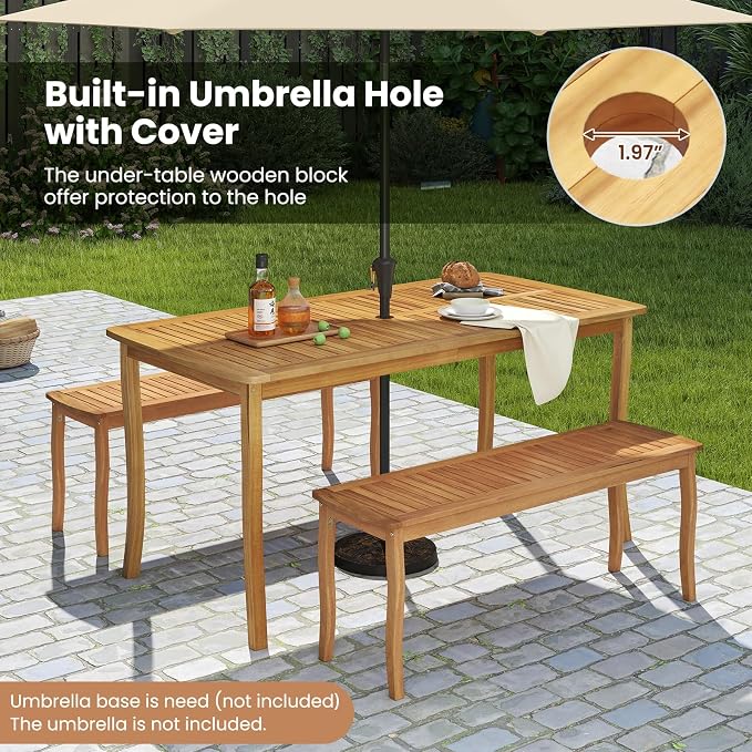 HAPPYGRILL Outdoor Acacia Wood Dining Table for 4-6 People, Patio Furniture Table with Umbrella Hole & Cover, 63” Slatted Tabletop, for Backyard, Patio, Deck, Porch