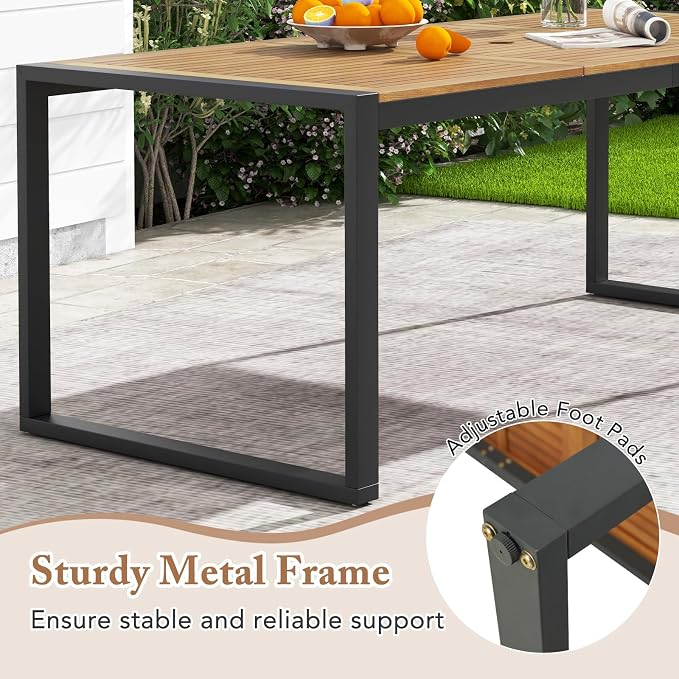 HAPPYGRILL 8-Person Outdoor Acacia Wood Dining Table, 79" x 35.5" Rectangular Patio Dining Table with 2" Umbrella Hole and Sturdy Metal Frame, Outdoor Patio Table for Garden, Deck and Backyard