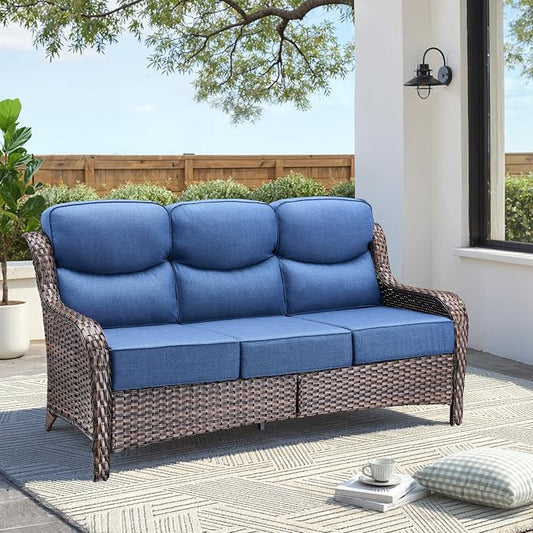 Luxury Outdoor Patio Furniture Set-Wicker High Backrest 3-Seat Patio Sofa with Comfy 6" Cushion, Rattan Couch with Deep Seat All-Weather Patio Conversation Set for Deck Backyard Garden(Brown/Blue)