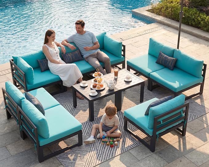 NICESOUL 8 Person Modern Aluminum Patio Furniture Set, 500 lbs Heavy Duty Sturdy Outdoor Sectional Sofa, 29" Deep Wide Large Seating, L Shaped Modular Conversation Couch for Garden Backyard, Turquoise