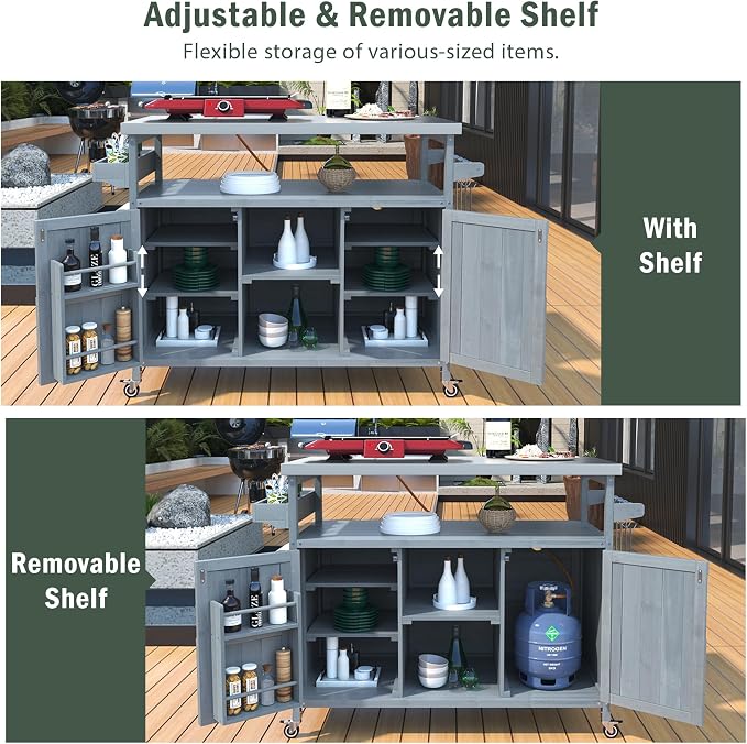 Outdoor Grill Table Bar Cart with Stainless Steel Top, Farmhouse Solid Wood Outdoor Kitchen Island with Spice Rack and Towel Rack, Rolling Island Cart for Kitchen, BBQ, Garden, Patio, Grey Blue
